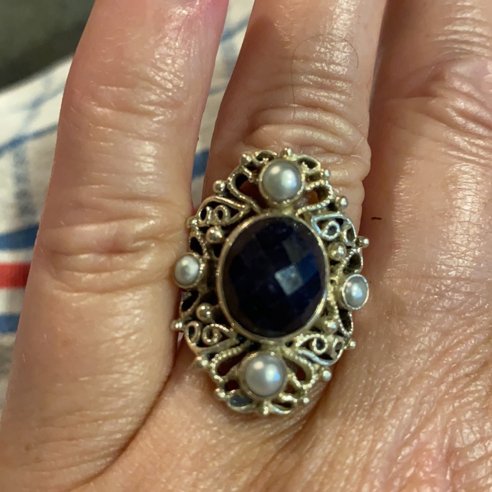 Sterling Silver Blue Sapphire and FW Pearl Ring
